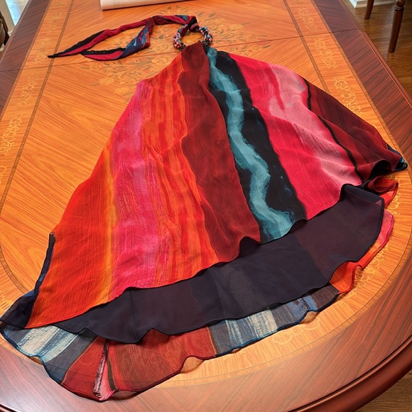 Zara BEADED HALTER multicolored print open back asymmetric hem DRESS sz.XS - Picture 14 of 17